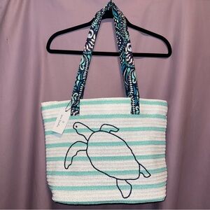 NWT Vera Bradley Green & White Stripe Straw Beach Tote Bag w/ Sea Turtle